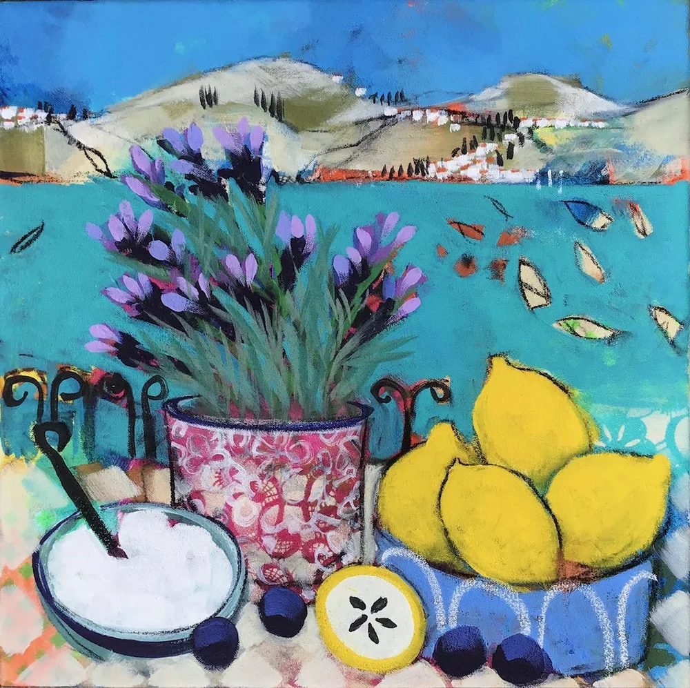 A colorful painting of a seaside scene with mountains in the background, a body of water with boats, and a table in the foreground featuring a potted lavender plant, a bowl of lemons, a bowl of yogurt or cream, and several blueberries.