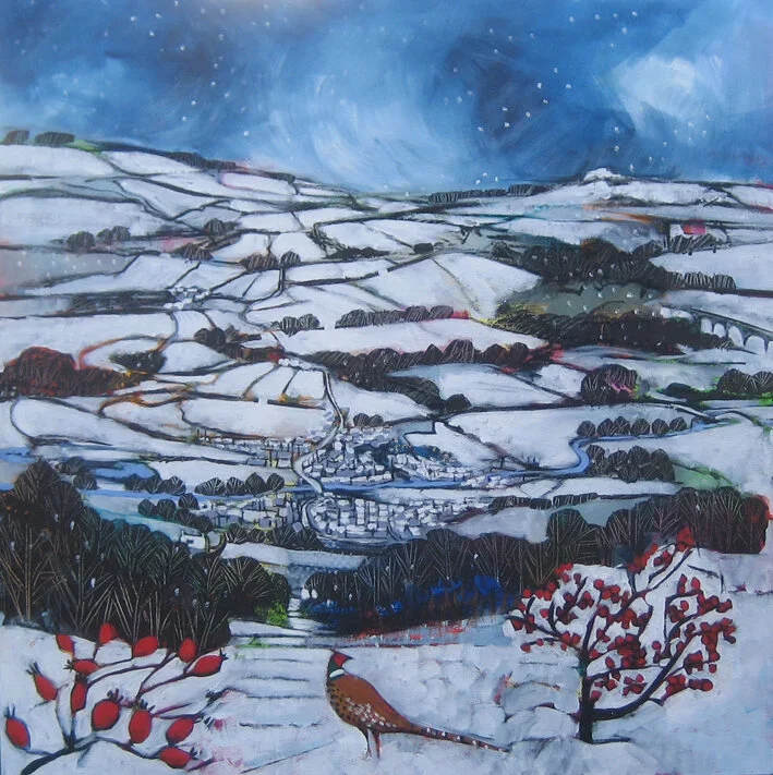 A winter landscape painting of snow-covered fields, trees, and distant hills under a swirling blue sky, with a bird perched on a branch and red berries in the foreground.