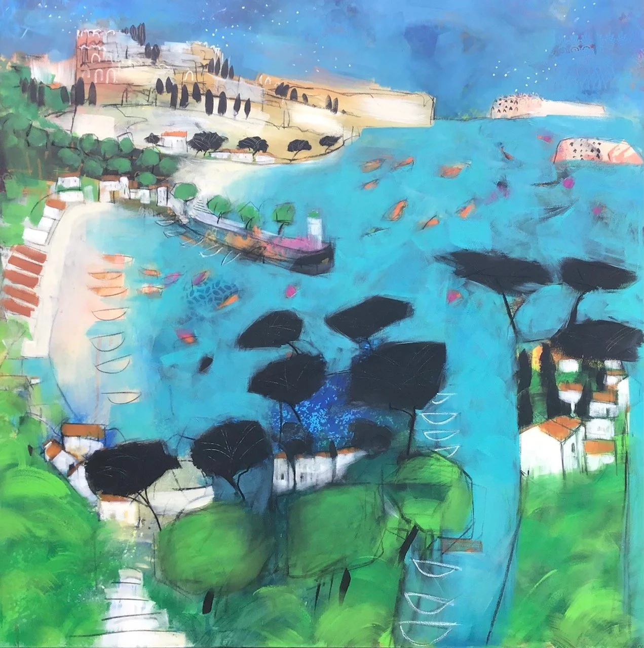 Colorful landscape painting of a coastal village with houses, trees, a river, and hills in the background.