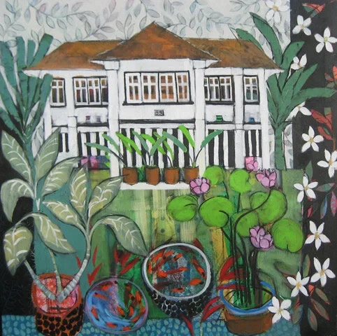 Painting of a house with a garden filled with plants and flowers, including variegated leaves, pink water lilies, and white blossoms.