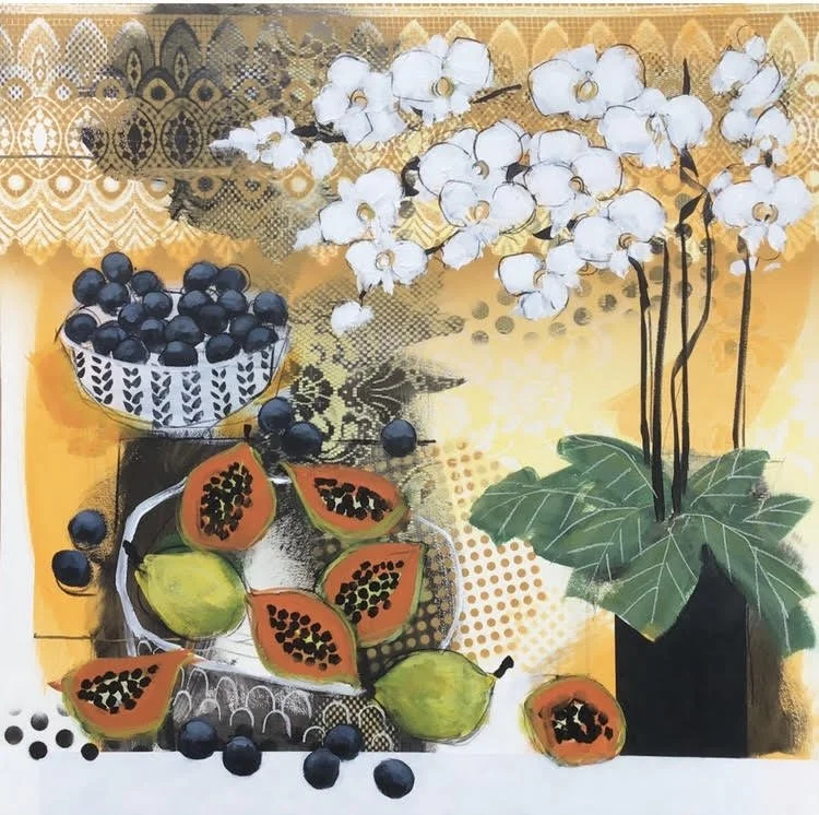 Still life drawing of white orchids, a bowl of blueberries, and papayas on a yellow background.