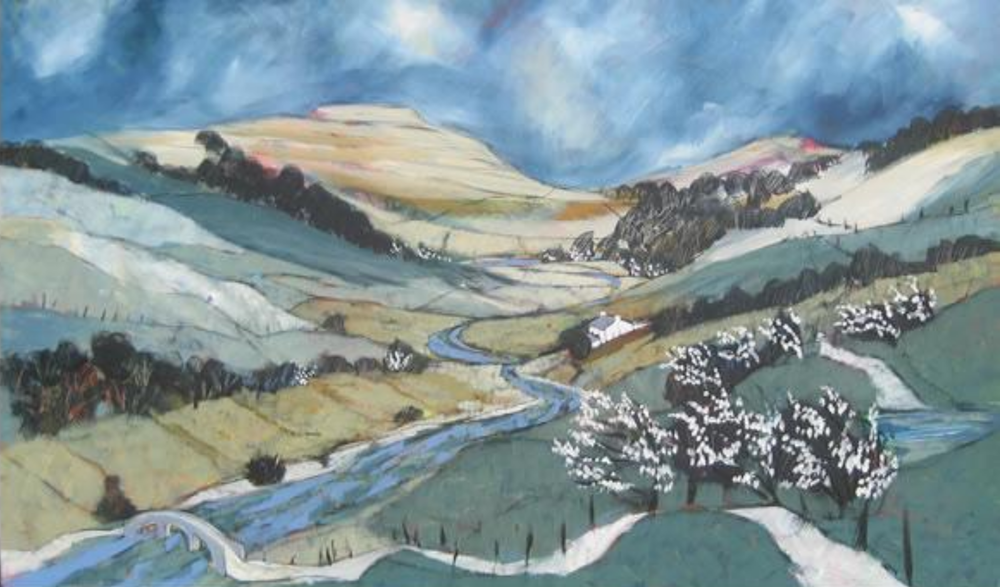 A watercolor painting of a countryside landscape with rolling hills, a winding river, blooming trees, and a small white house under a blue sky.