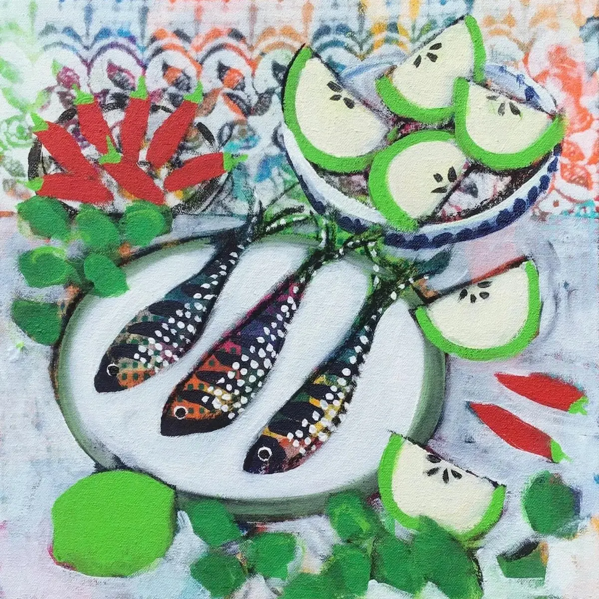 Colorful painting of a plate with three decorated fish, slices of kiwi, and red chili peppers, with green leaves and abstract background.