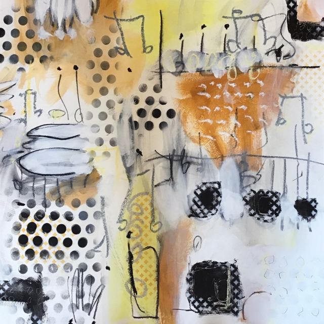 Abstract mixed media artwork with scribbles, dots, and geometric shapes in shades of black, white, gray, yellow, and orange.