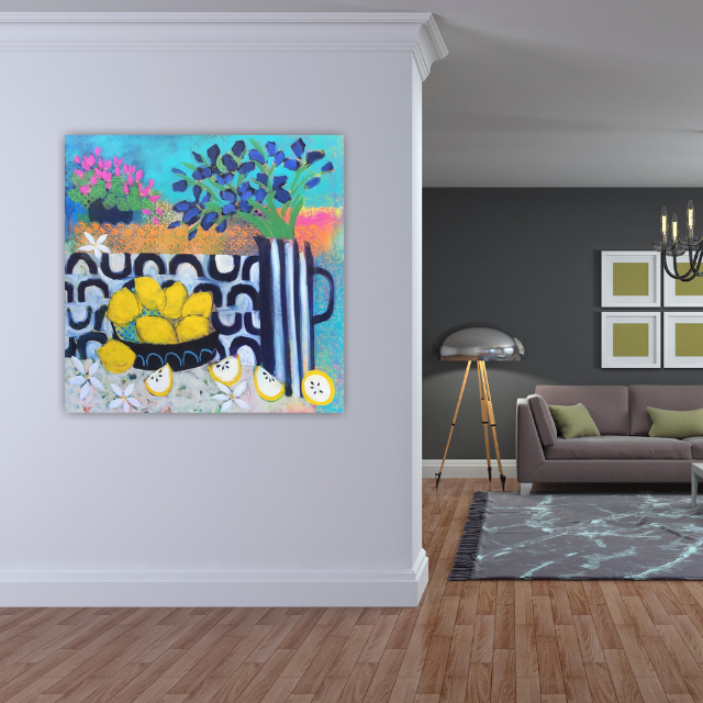 Colorful still life painting featuring lemons, a striped vase, and flowers on a table, with bright abstract background.
