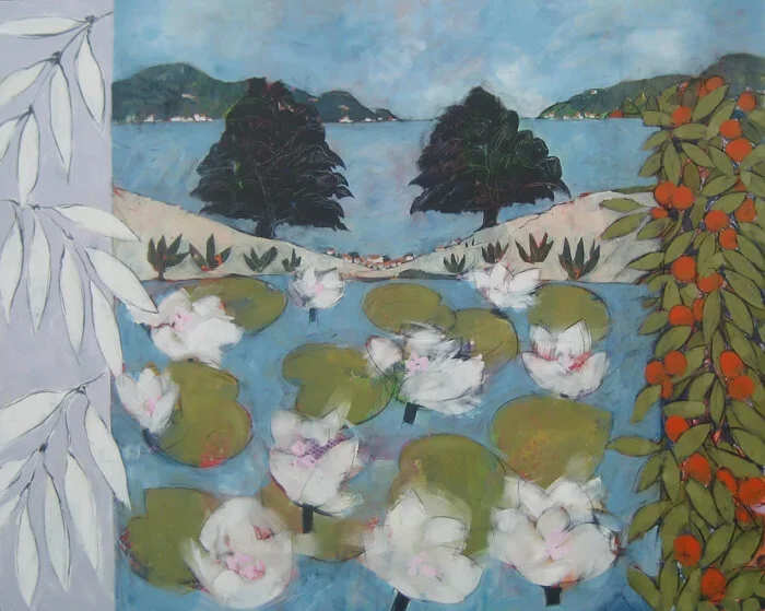 Painting of a pond with water lilies, surrounded by trees and hills in the background, with orange berries on a shrub on the right.