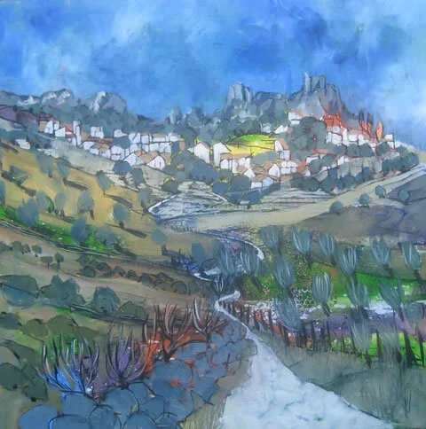 A watercolor painting of a serene countryside landscape with rolling hills, a small river, and a village with houses on a hilltop under a blue sky.