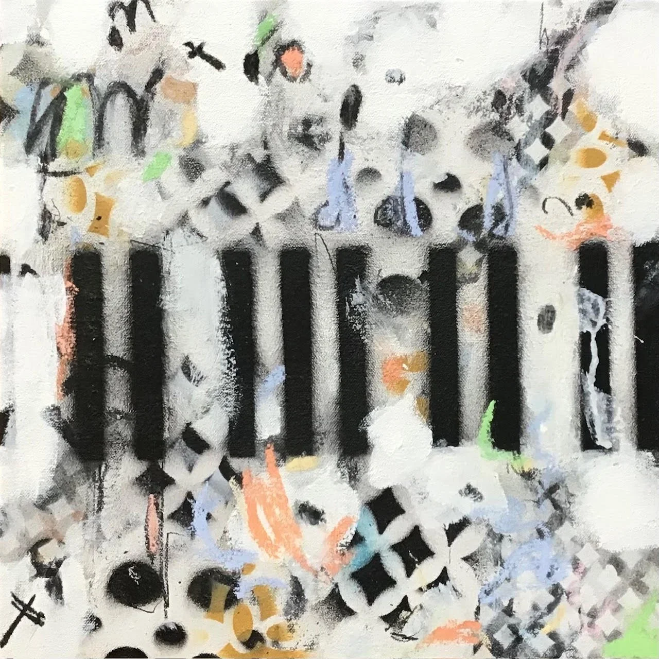 Abstract painting with black vertical lines, dispersed pastel-colored dots, and shapes on a predominantly white background.