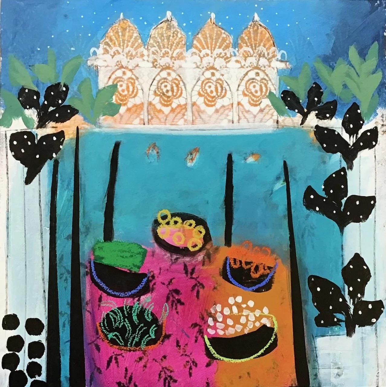 Colorful abstract painting of a table with bowls of food, surrounded by black butterflies and foliage. Bright background with floral elements at the top.