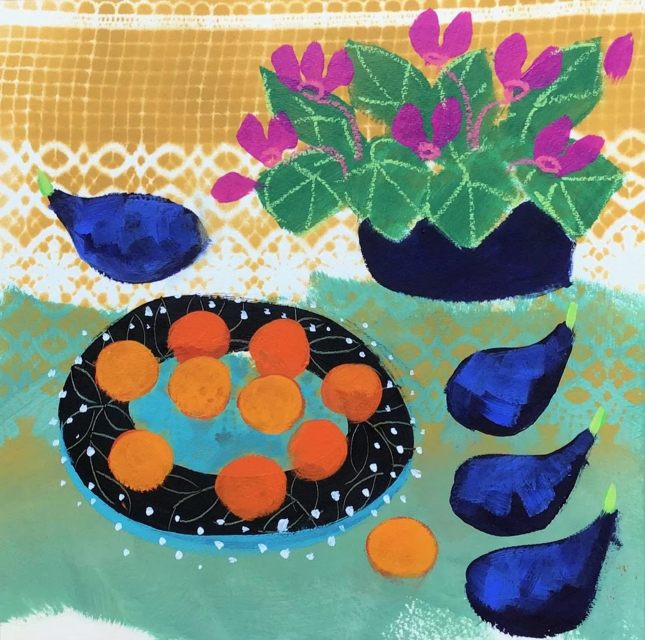 Colorful painting of a black bowl with orange fruit, purple eggplant, and a pink flowering plant in a pot, on a vibrant patterned background.