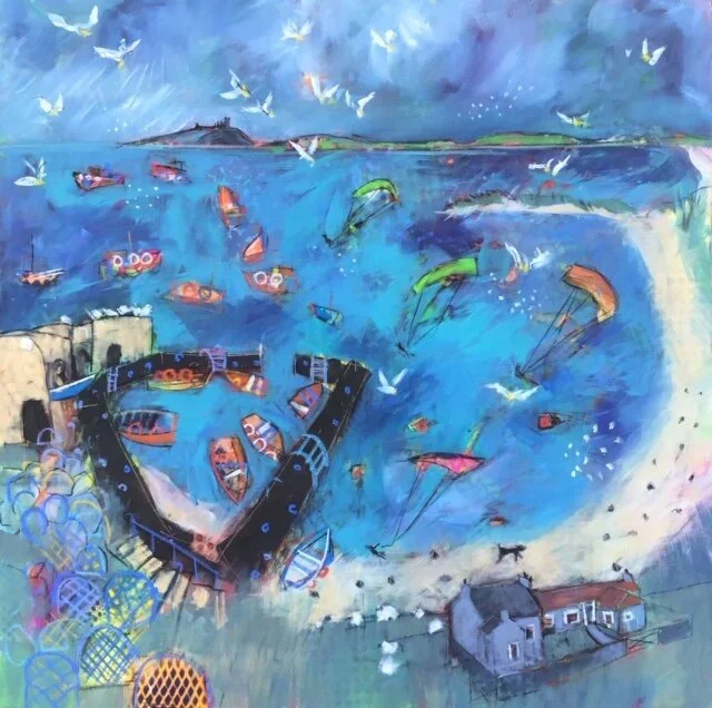 A lively coastal scene with boats in a harbor, several colorful parachutes in the sky, a lighthouse on a hill, and birds flying over the water in a vibrant, abstract painting style.