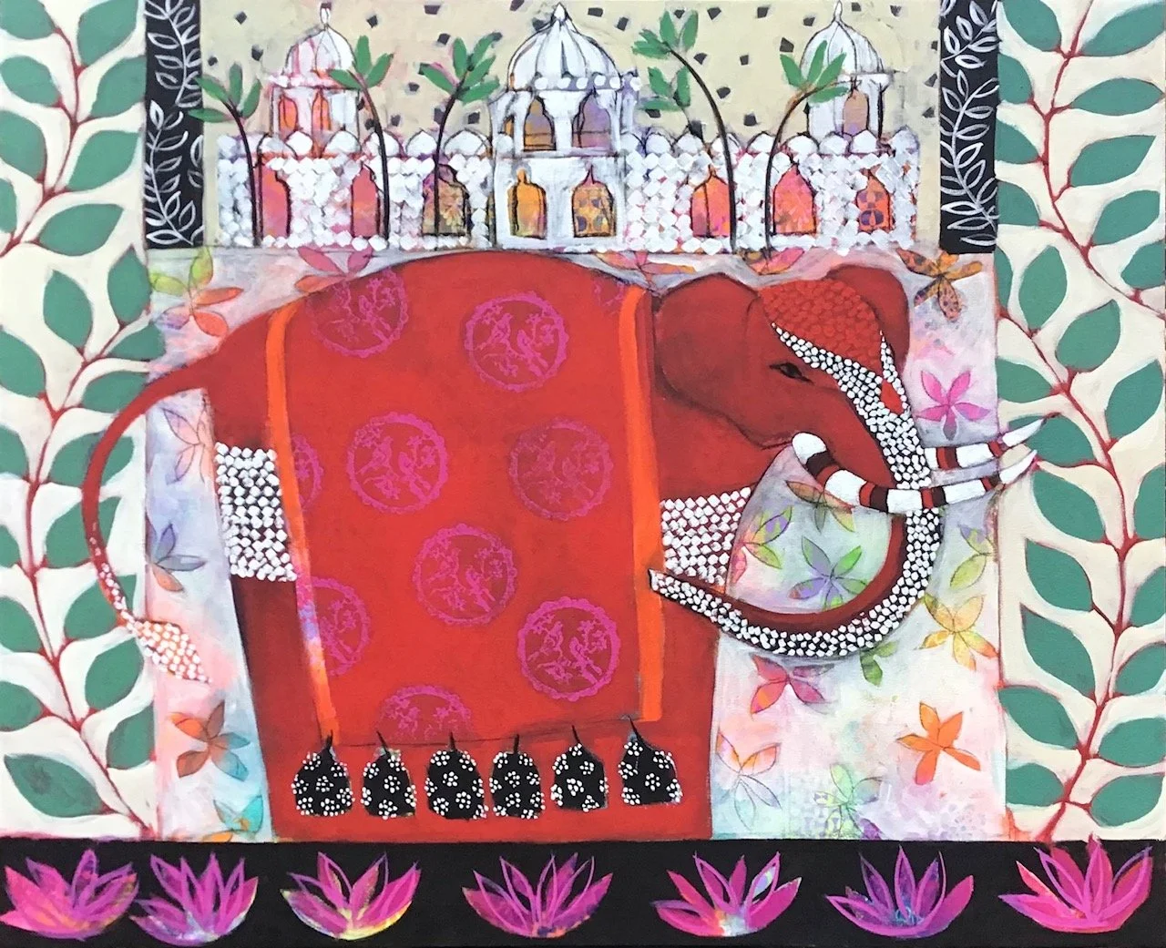Colorful painting of an orange elephant with a decorated blanket, surrounded by floral and architectural patterns, with pink lotus flowers at the bottom.