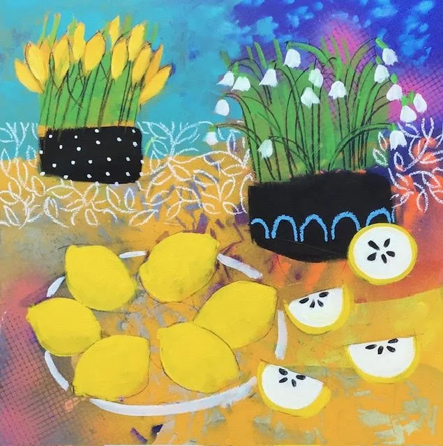 Colorful abstract painting of potted yellow tulips and lilies of the valley, with lemons and lemon slices on a vibrant background.