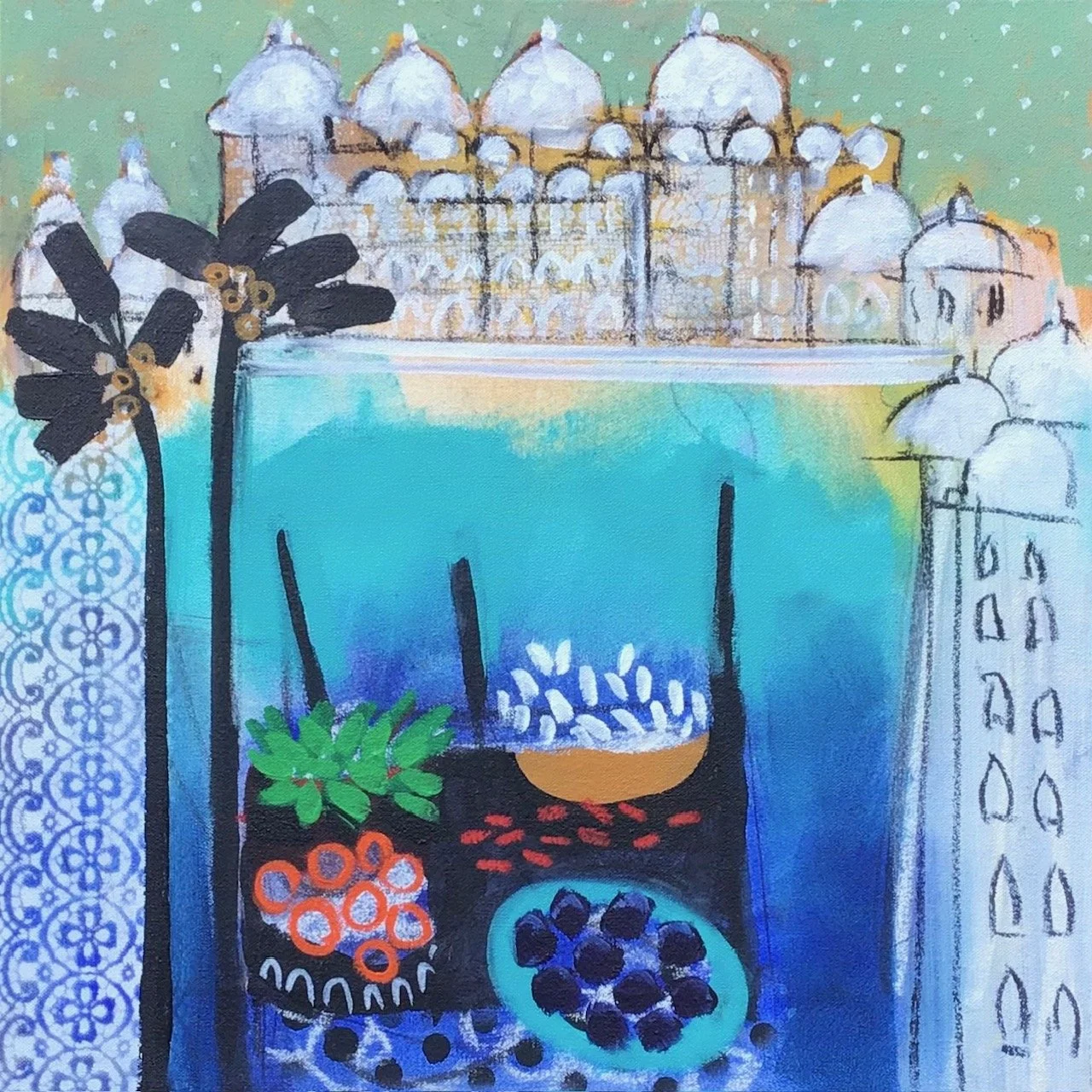 A colorful painting of a palace with domes and intricate architectural details, set against a dreamy, pastel-colored sky with abstract decorative elements and plants in the foreground.