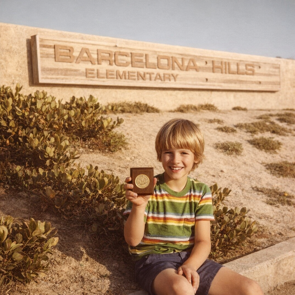 A young boy sitting on a curb in front of the Barcelona Hills Elementary School, holding up a medal case and smiling. The school sign is visible in the background, surrounded by desert plants.
