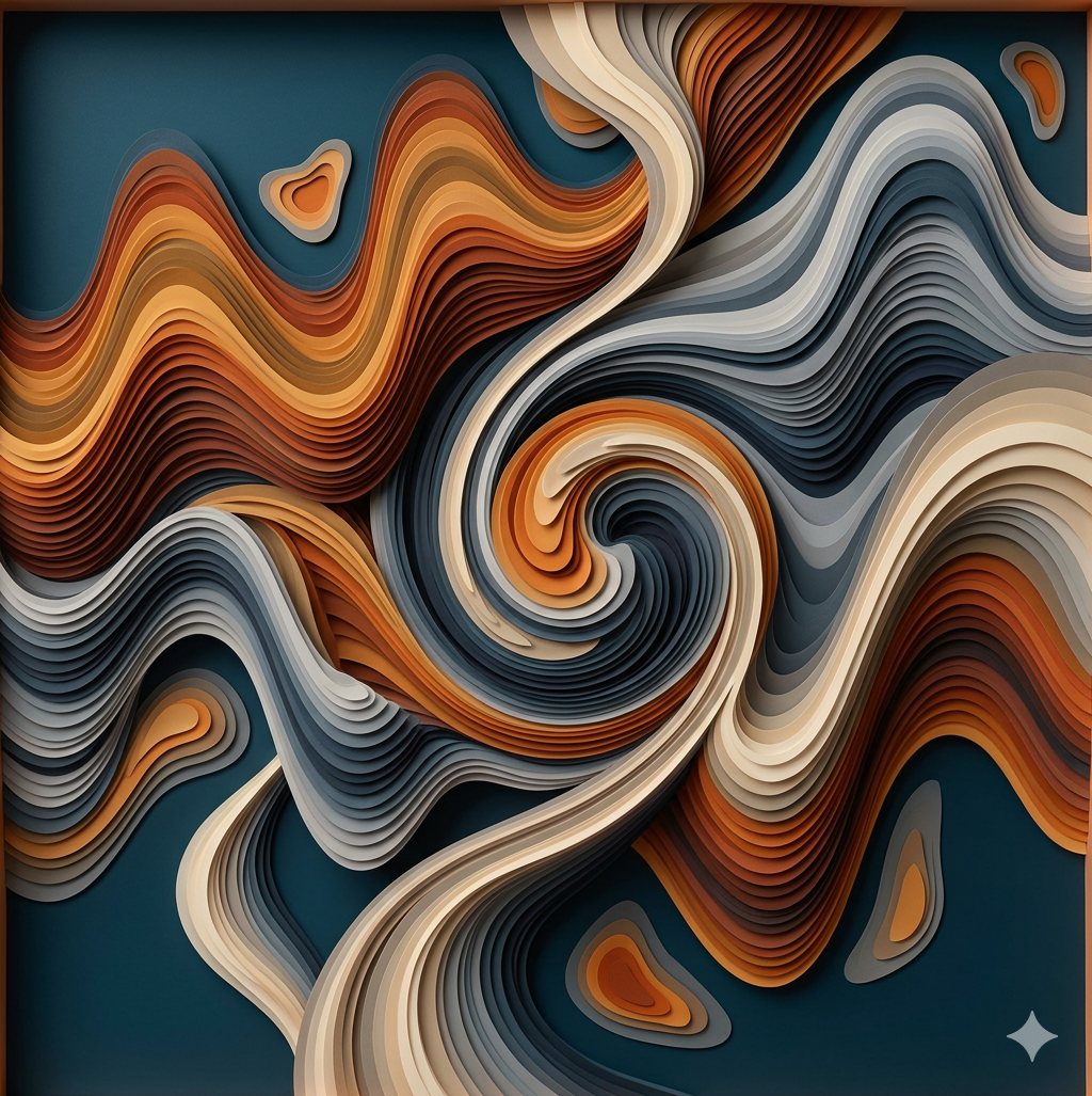 Abstract digital art with layered swirls in shades of orange, beige, gray, and blue creating a flowing, spiral pattern.