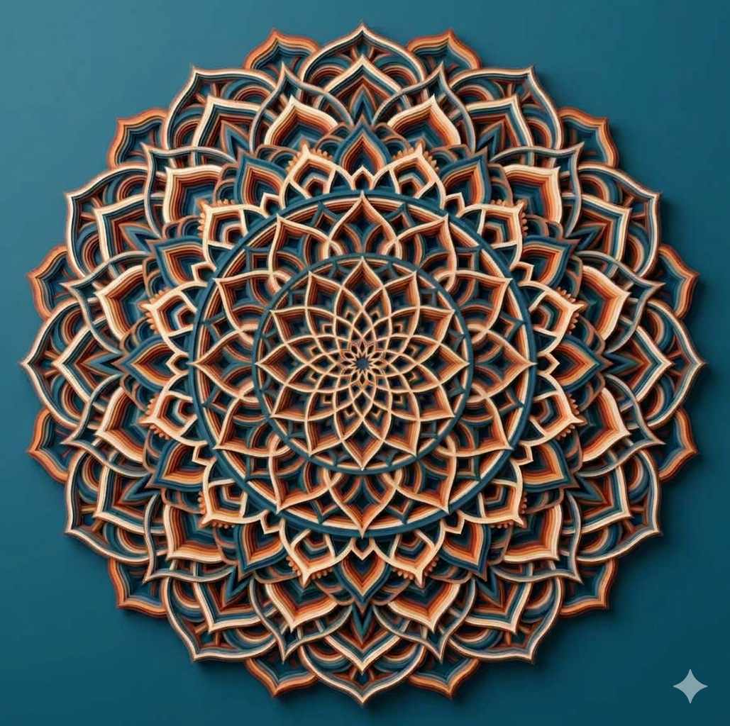 Intricate layered paper mandala art with a floral pattern in shades of brown, beige, and blue against a solid blue background.