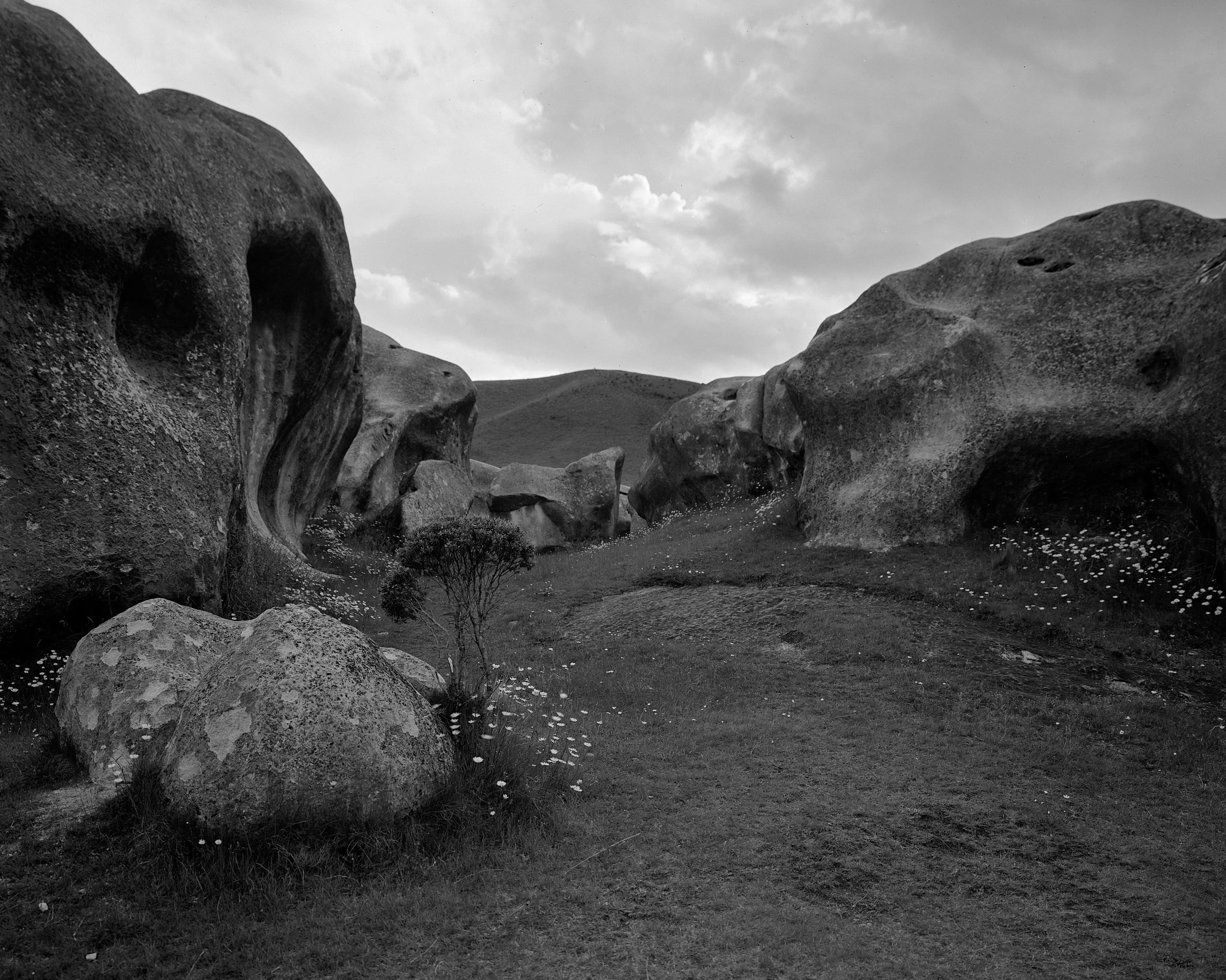 Black and white film image of Castle Hill rocks