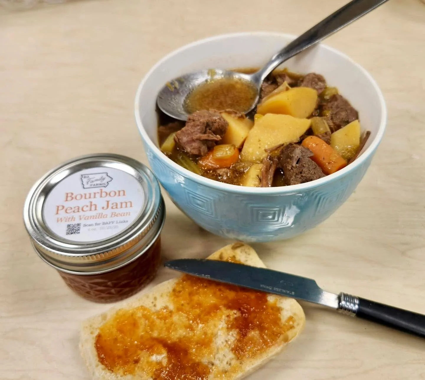 There&rsquo;s nothing better than a table full of local flavor 🙌

One of our customers shared this cozy combo, featuring our Bourbon Peach Jam with Vanilla Bean paired alongside a hearty bowl of local beef stew and fresh bread. Sweet meets savory in