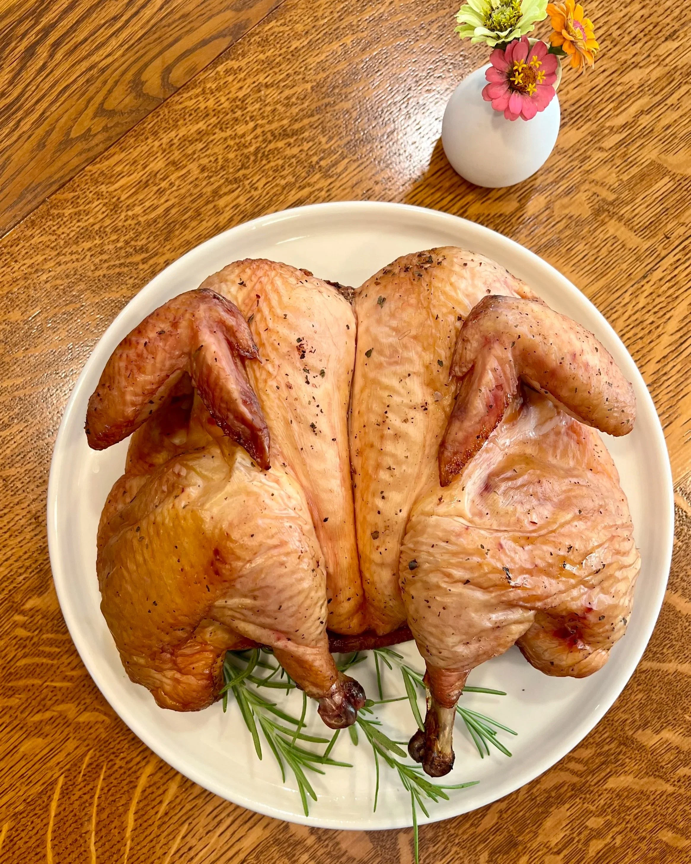 BA Family Farms Pasture-Raised whole meat chicken that was spatchcocked and cooked on a smoker