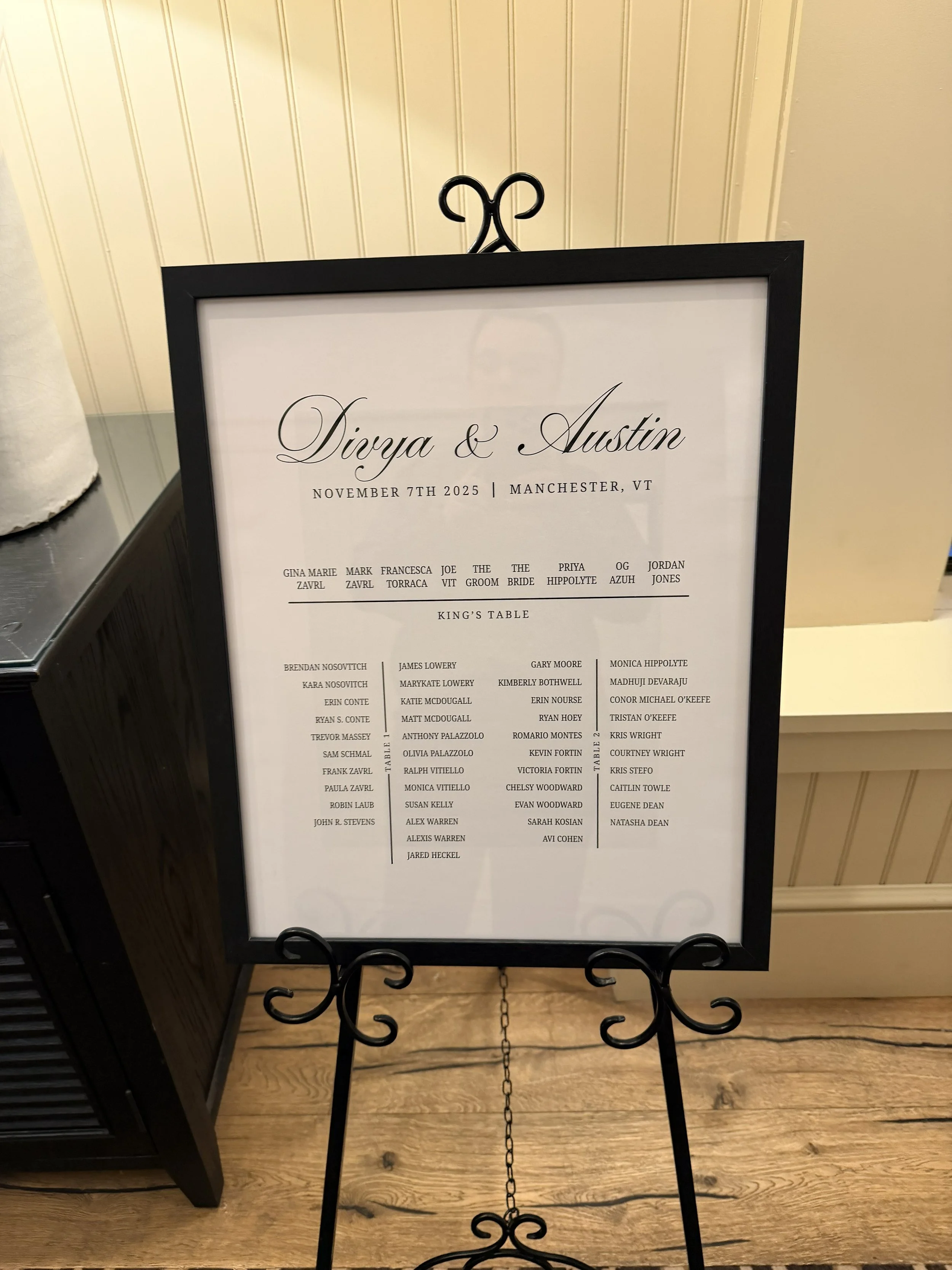 Wedding seating chart for Divya and Austin at King's Table. The event is on November 7th, 2025, in Manchester, VT. The chart lists guests' names and arrangement at the table.