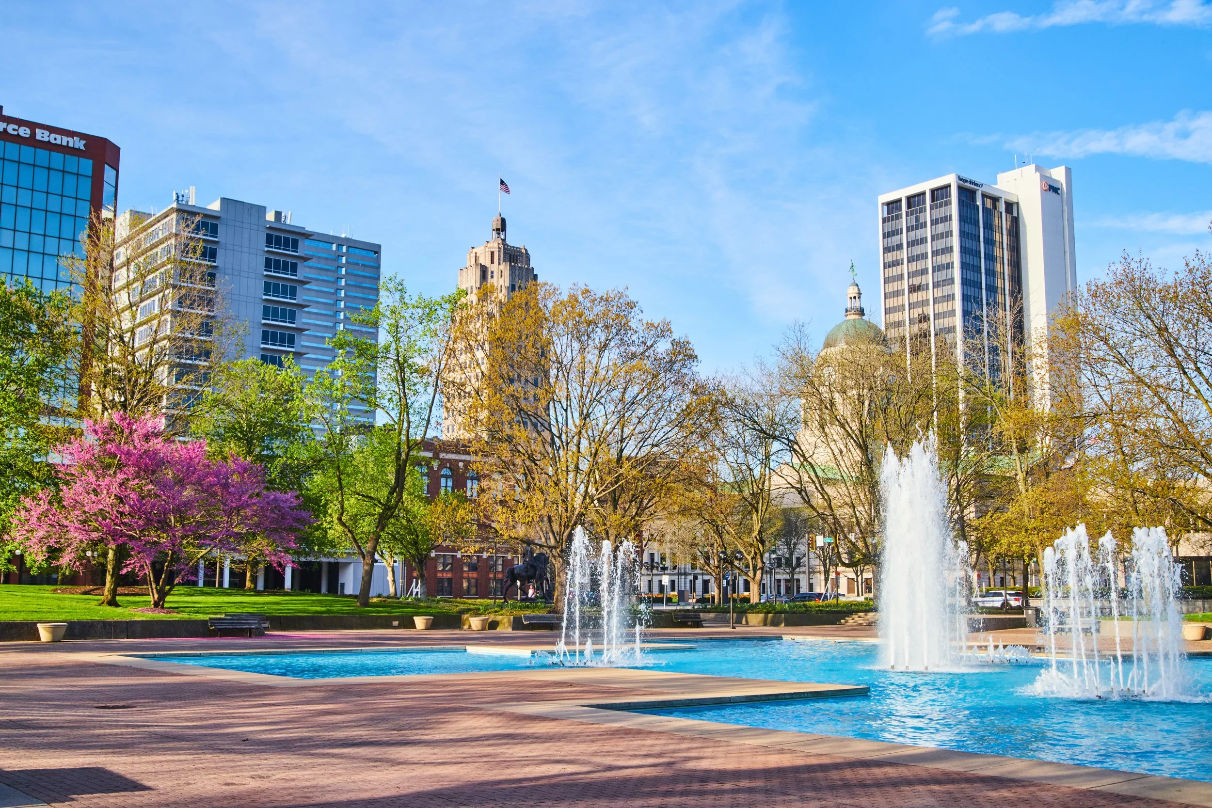 Skyline of Fort Wayne, Indiana where Preamble Coffee Cart has a base of operations for its mobile espresso bar coffee catering.
