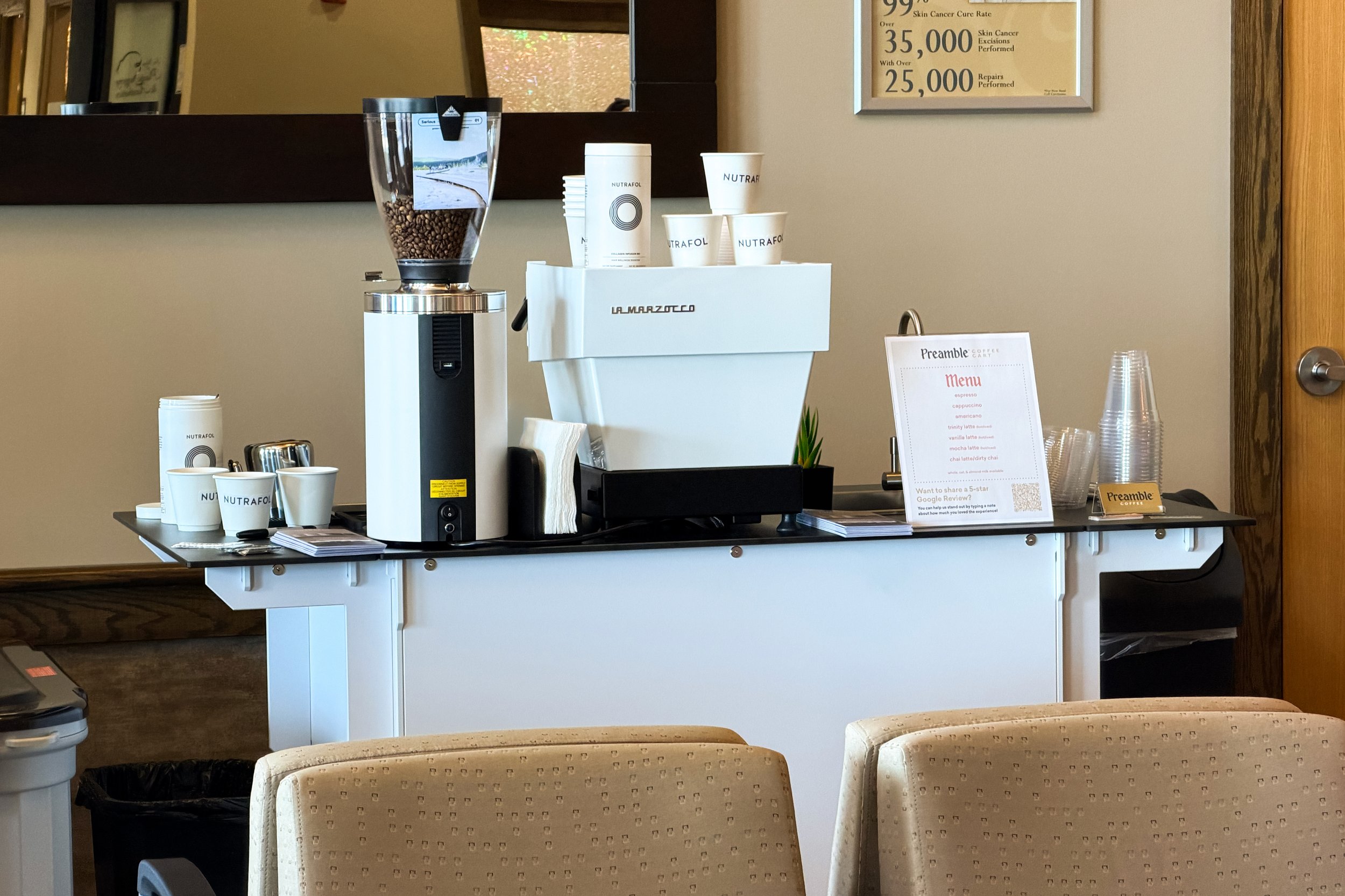 Preamble Coffee Cart's mobile espresso bar and coffee cart catering is perfect for serving premium espresso drinks to customers in any office environment for sponsored client events in Fort Wayne, Indiana.