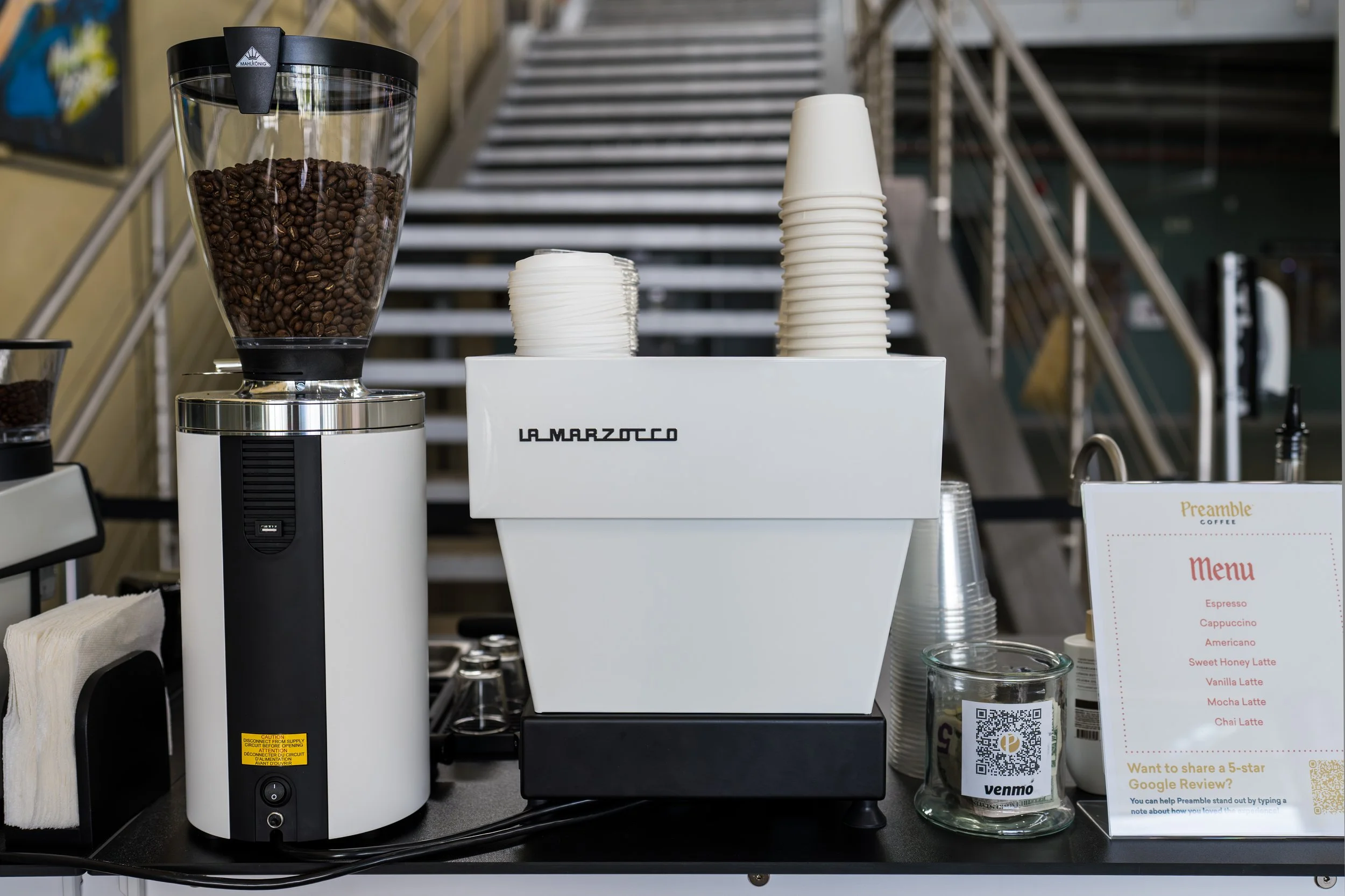 Preamble Coffee Cart Catering in Fort Wayne, Indiana has commercial equipment such as a La Marzocco Linea Mini R and Mahlkönig E65 espresso grinder.