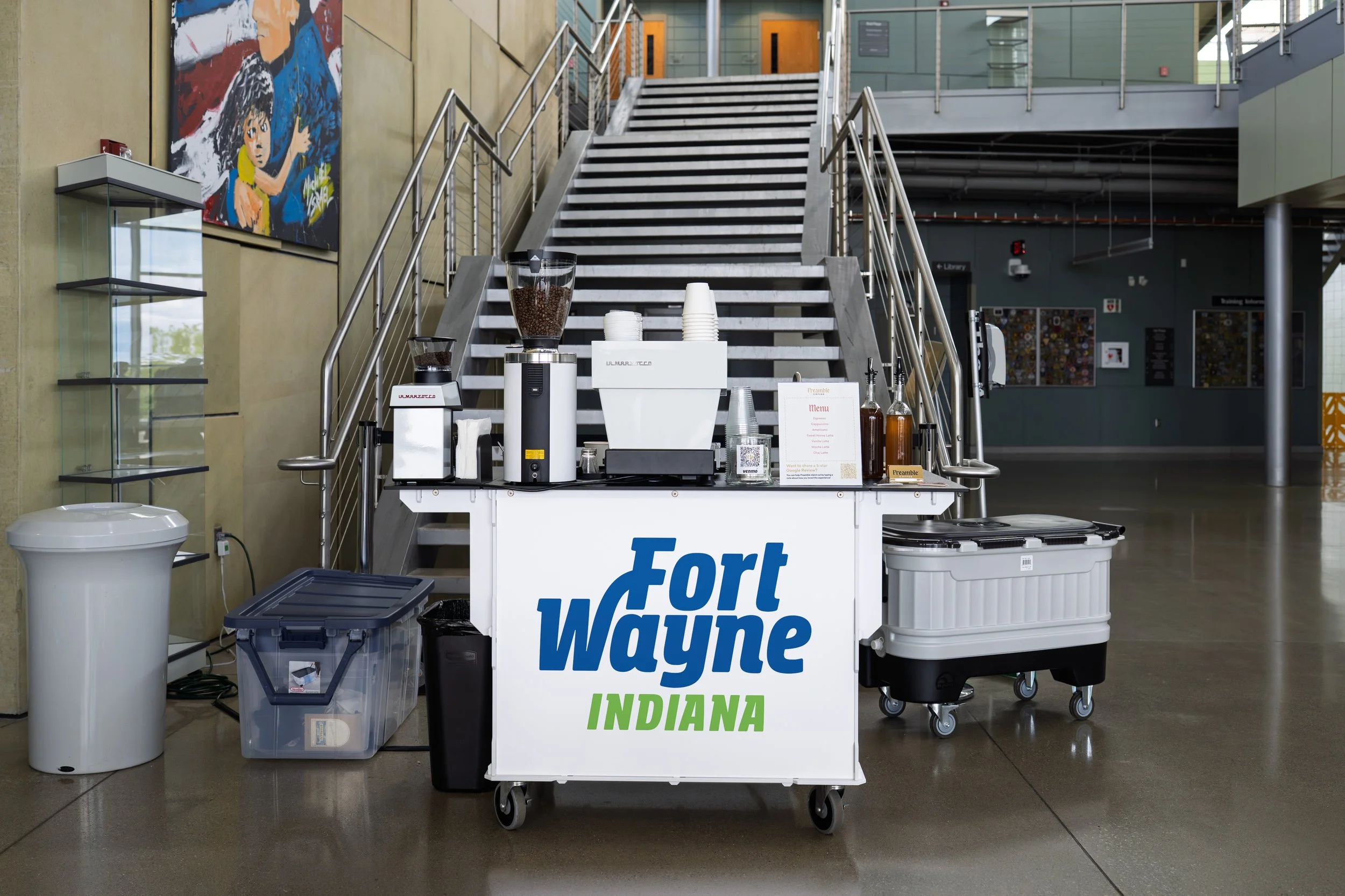 reamble Coffee Cart providing espresso bar catering to the City of Fort Wayne, Indiana with a custom branded logo on the front panel of the cart.
