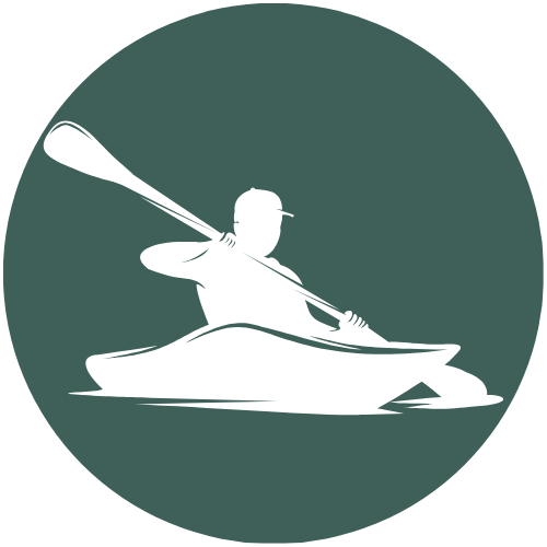 Silhouette of a person kayaking on water, paddling with a double-bladed oar, inside a circular green background.
