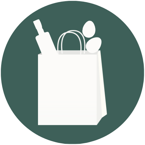 Silhouette of a shopping bag with a bottle and two eggs inside on a dark circular background.