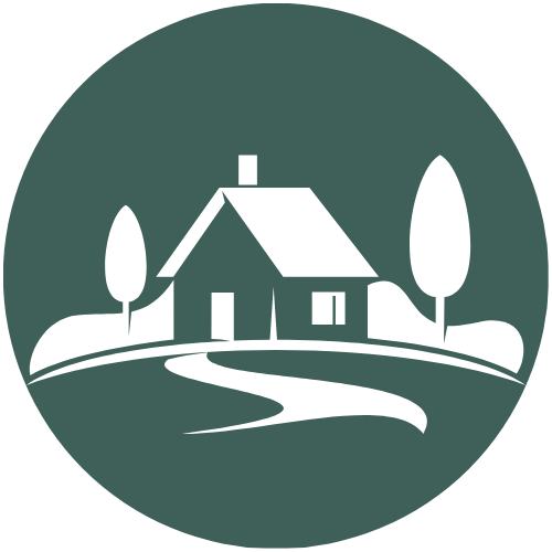 Illustration of a house with a chimney, trees, and a winding pathway in a circular badge