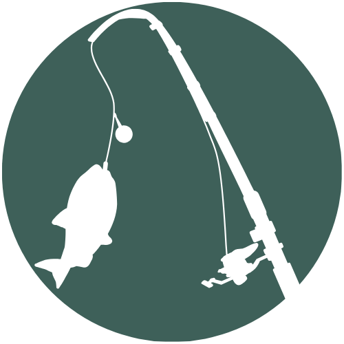 Silhouette of a fishing pole with a fish hanging from the line against a dark green circular background.