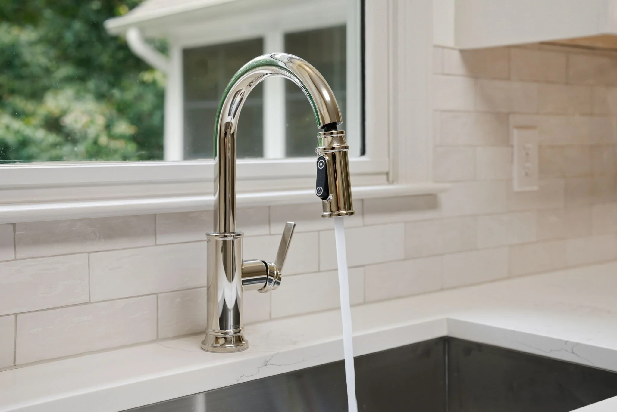 A modern kitchen sink with a stainless steel faucet and running water, near a window with a view of greenery outside.