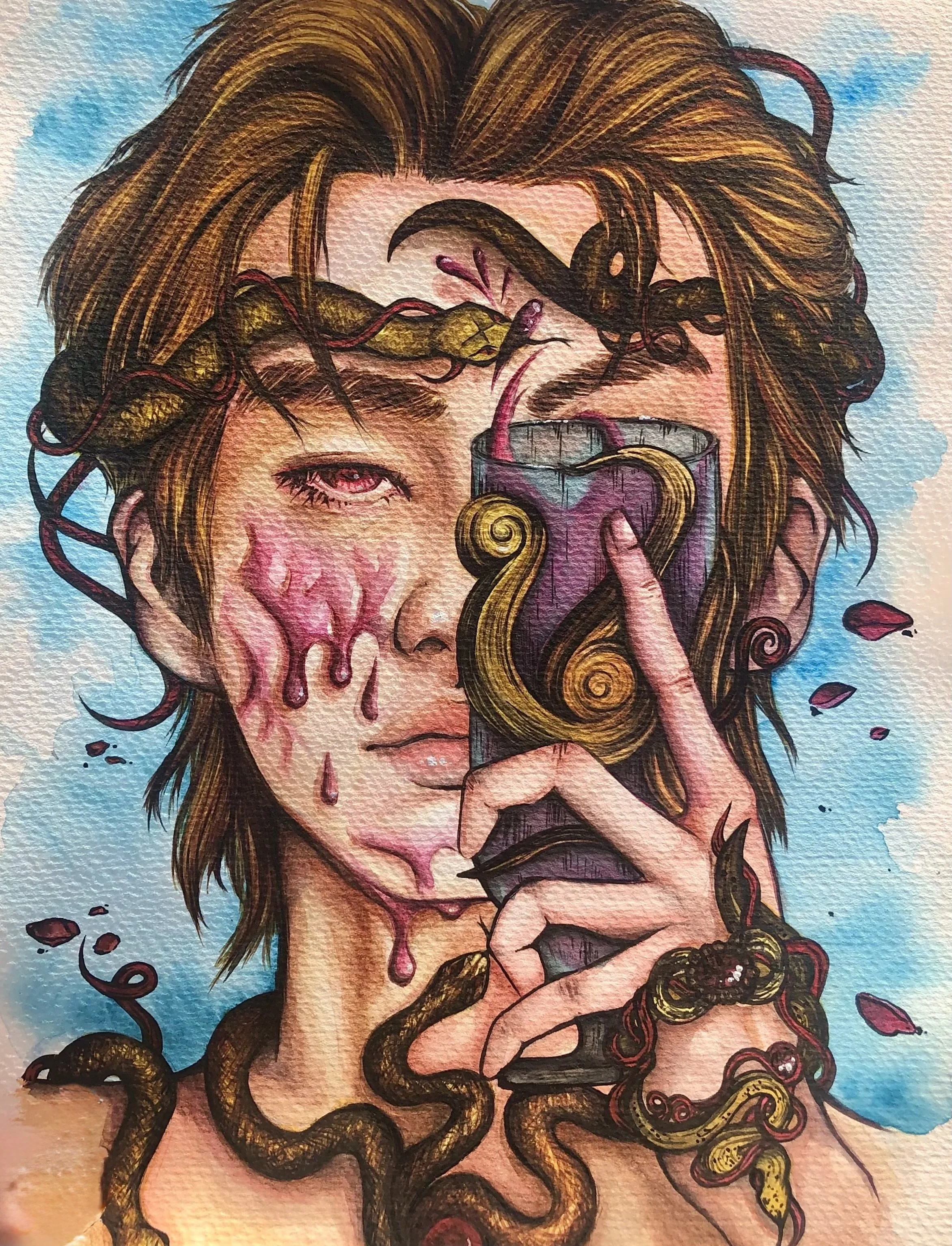 To The Victor | 2022

Watercolours on 300GSM Cold-pressed watercolour paper; A4

An ode to ambition and the seductive nature of power. Adorned in serpents that resemble jewellery, the figure wears their own nature as an ornament; something both exqui