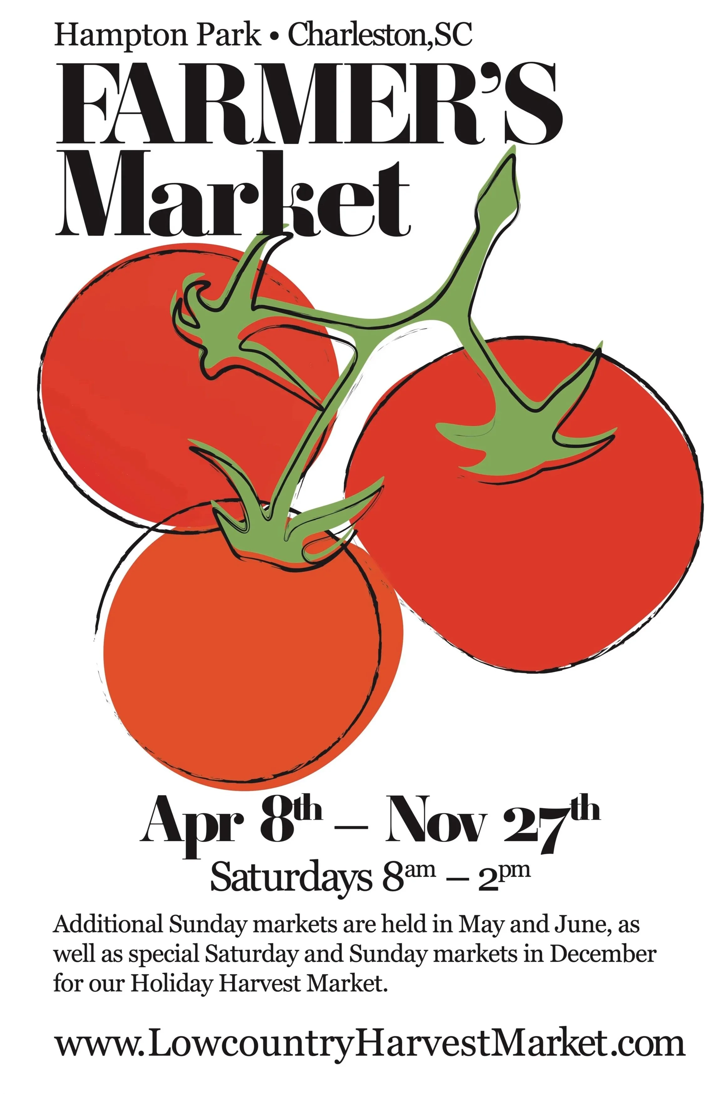 Poster advertising the Farmer's Market at Hampton Park in Charleston, SC, featuring an illustrated bunch of three red tomatoes on a green vine, with details about the market dates, times, and website.