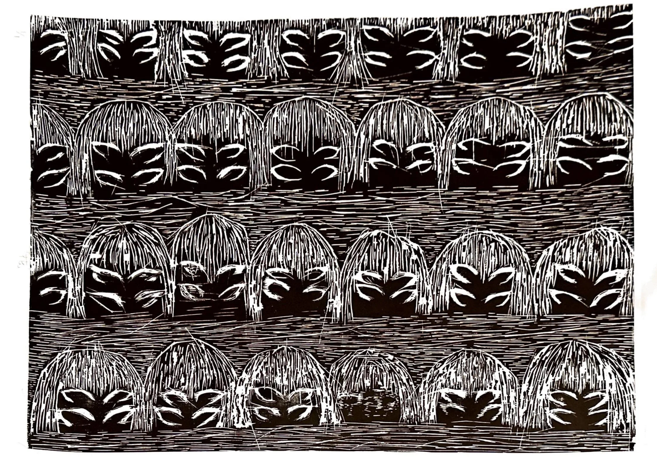 A black and white patterned illustration of multiple stylized, masked faces with hair, arranged in rows. The faces appear with eyes and hair, creating a repetitive, decorative design.