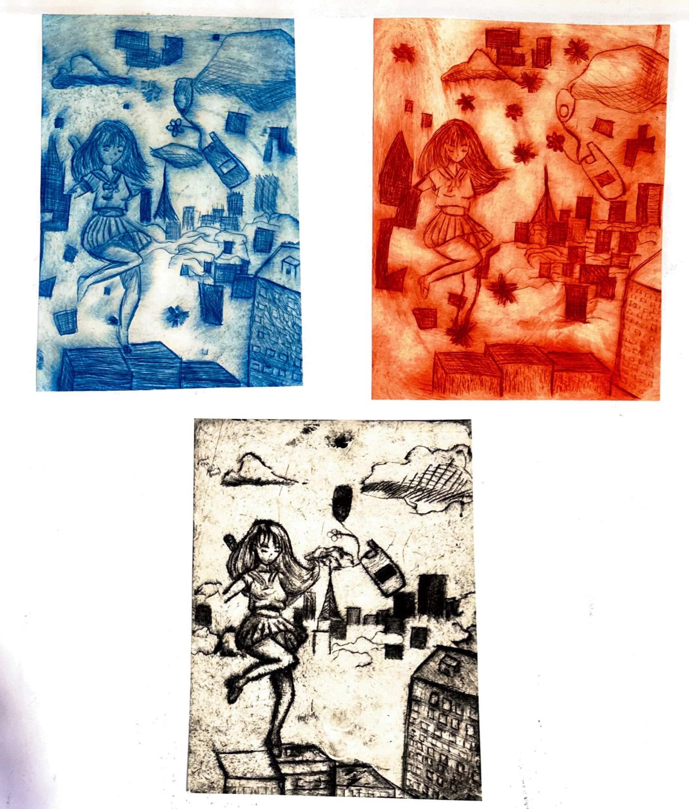 Three sketches of a girl floating above cityscapes, each in different colors: blue, red, and black.