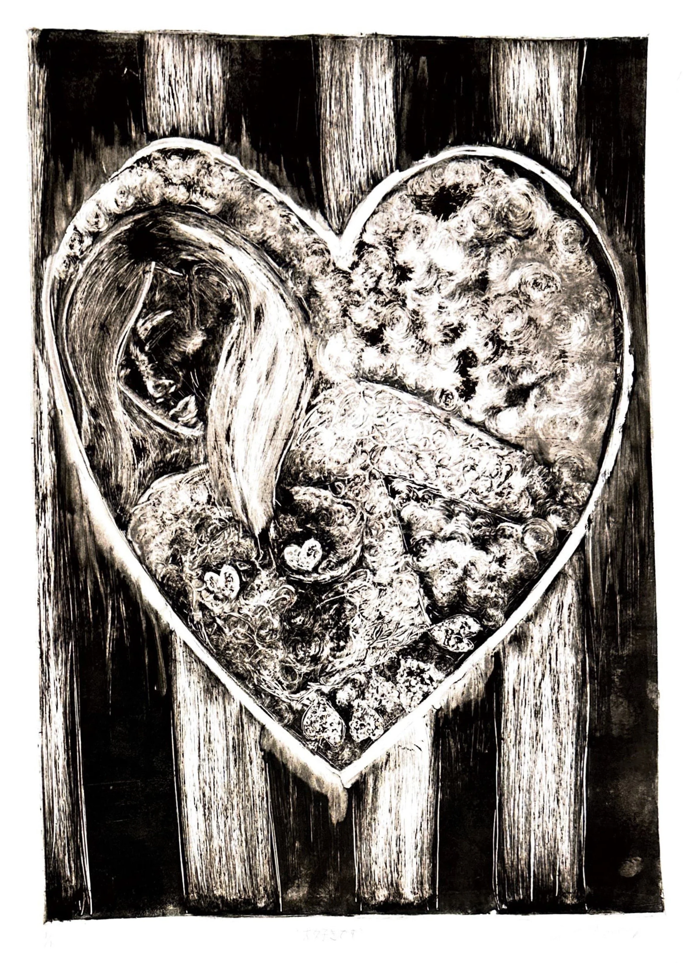 Black and white illustration of a heart-shaped box filled with various candies, placed on a wooden surface.