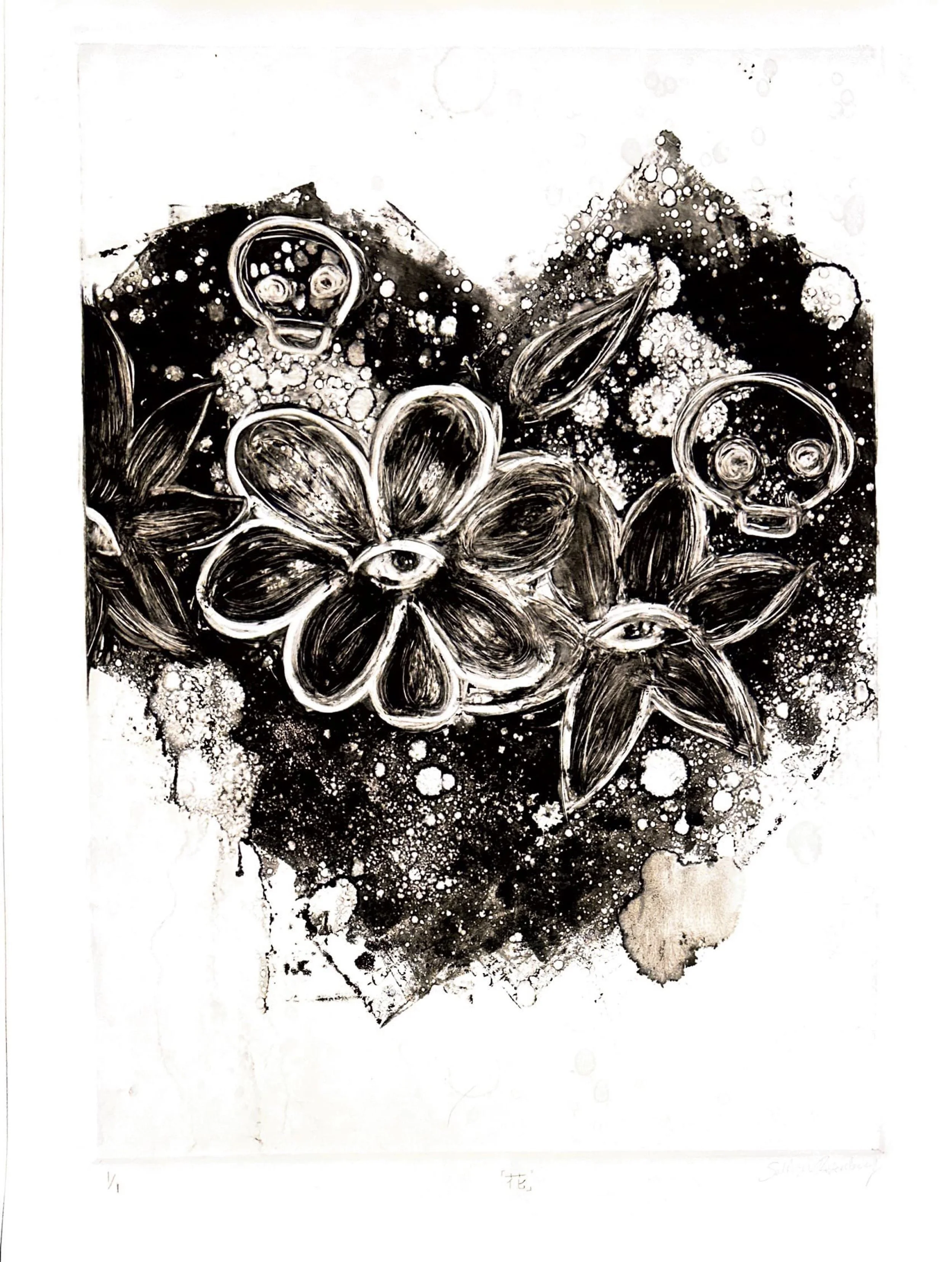 Black and white abstract artwork featuring two flowers with leaves, and spray paint-like splashes and bubbles, some of which resemble eyes and smiley faces.