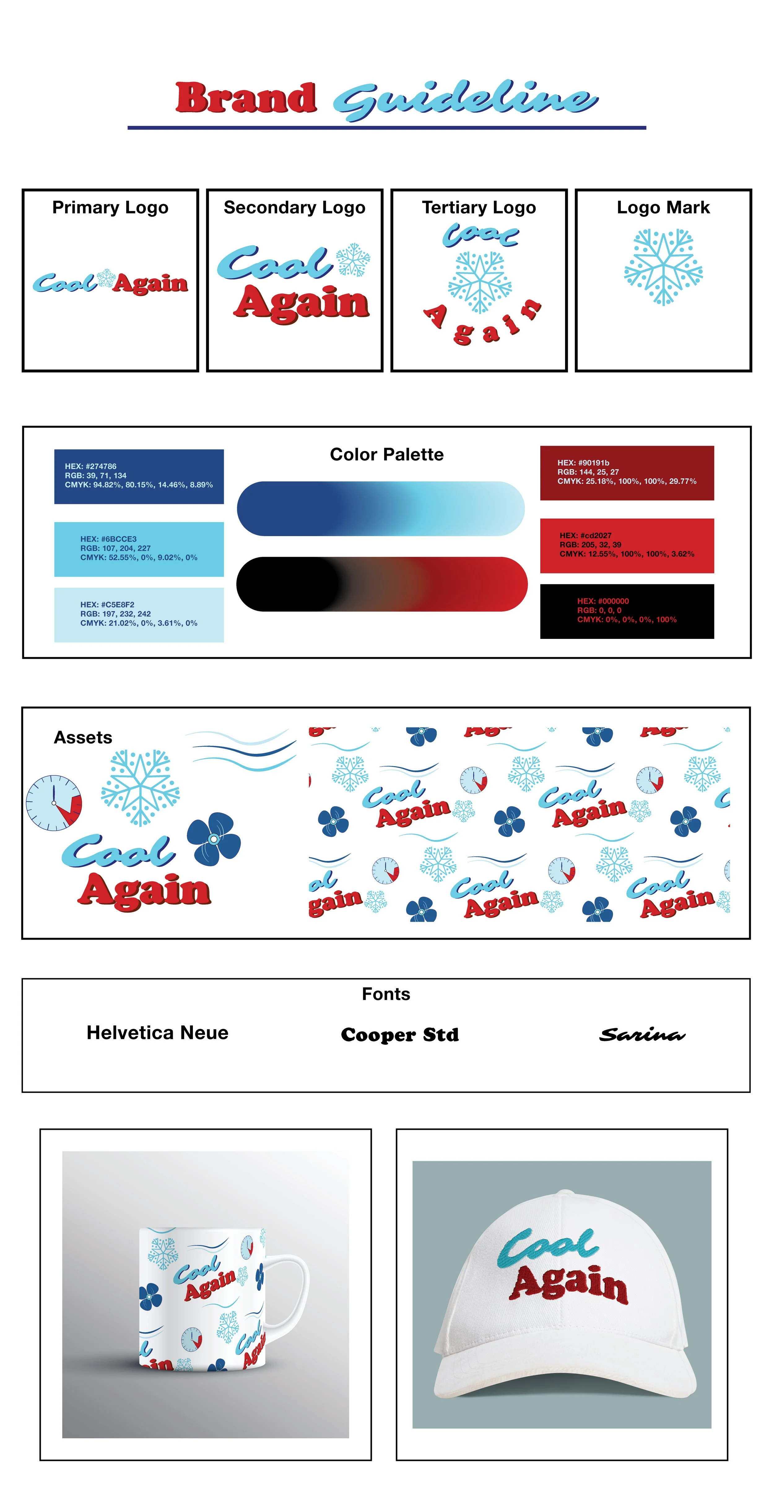 Brand guidelines for a logo design showing primary, secondary, and tertiary logos with snowflake and text elements, a color palette with blue and red shades, assets including a mug and cap with the logo, and font style options.