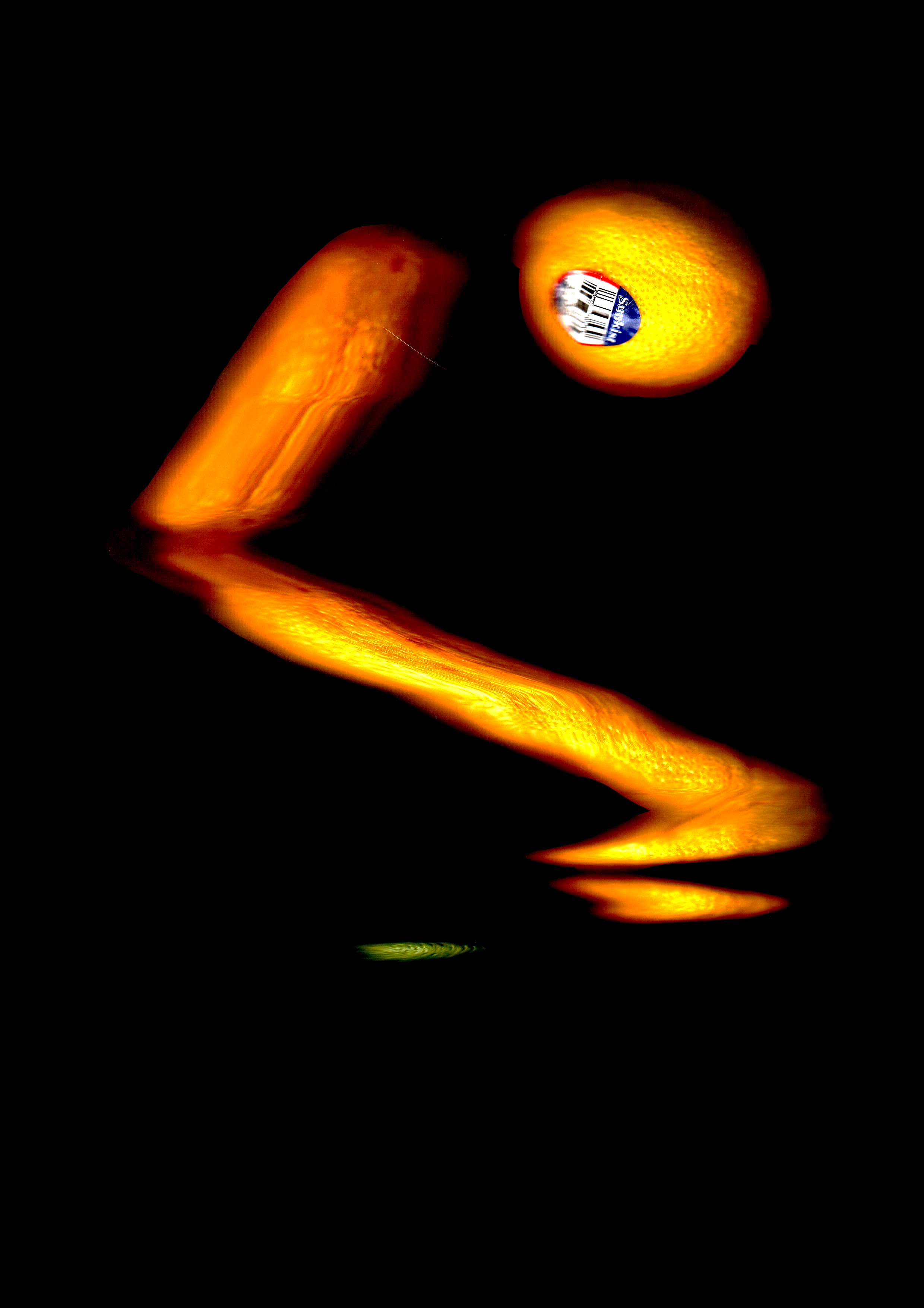 Distorted image of orange peel and a lemon with a barcode sticker, reflecting on a black surface.