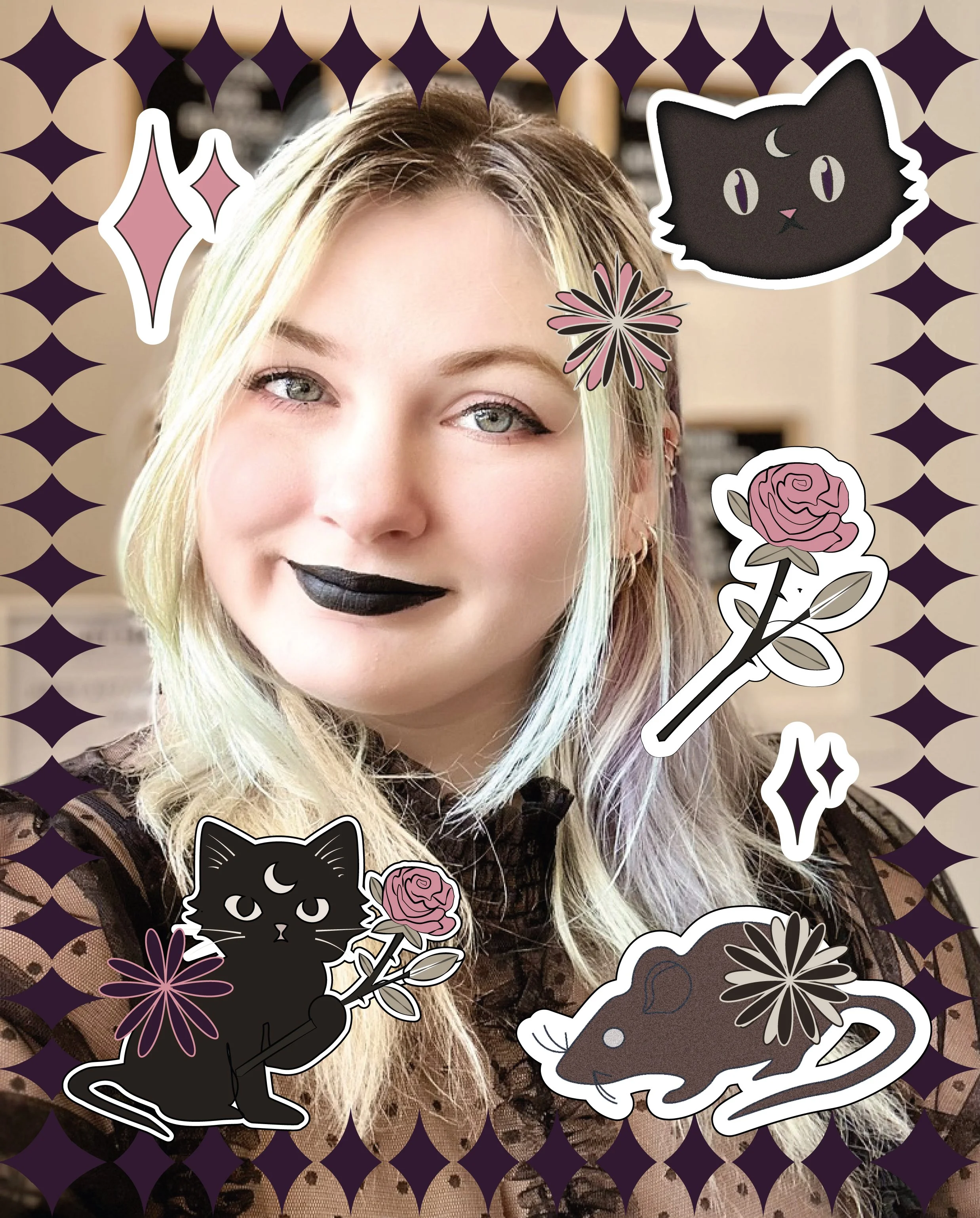A woman with blonde hair, blue eyes, and black lipstick smiling at the camera, surrounded by cartoon stickers of black cats, a rat, roses, and sparkles, with a patterned border in the background.
