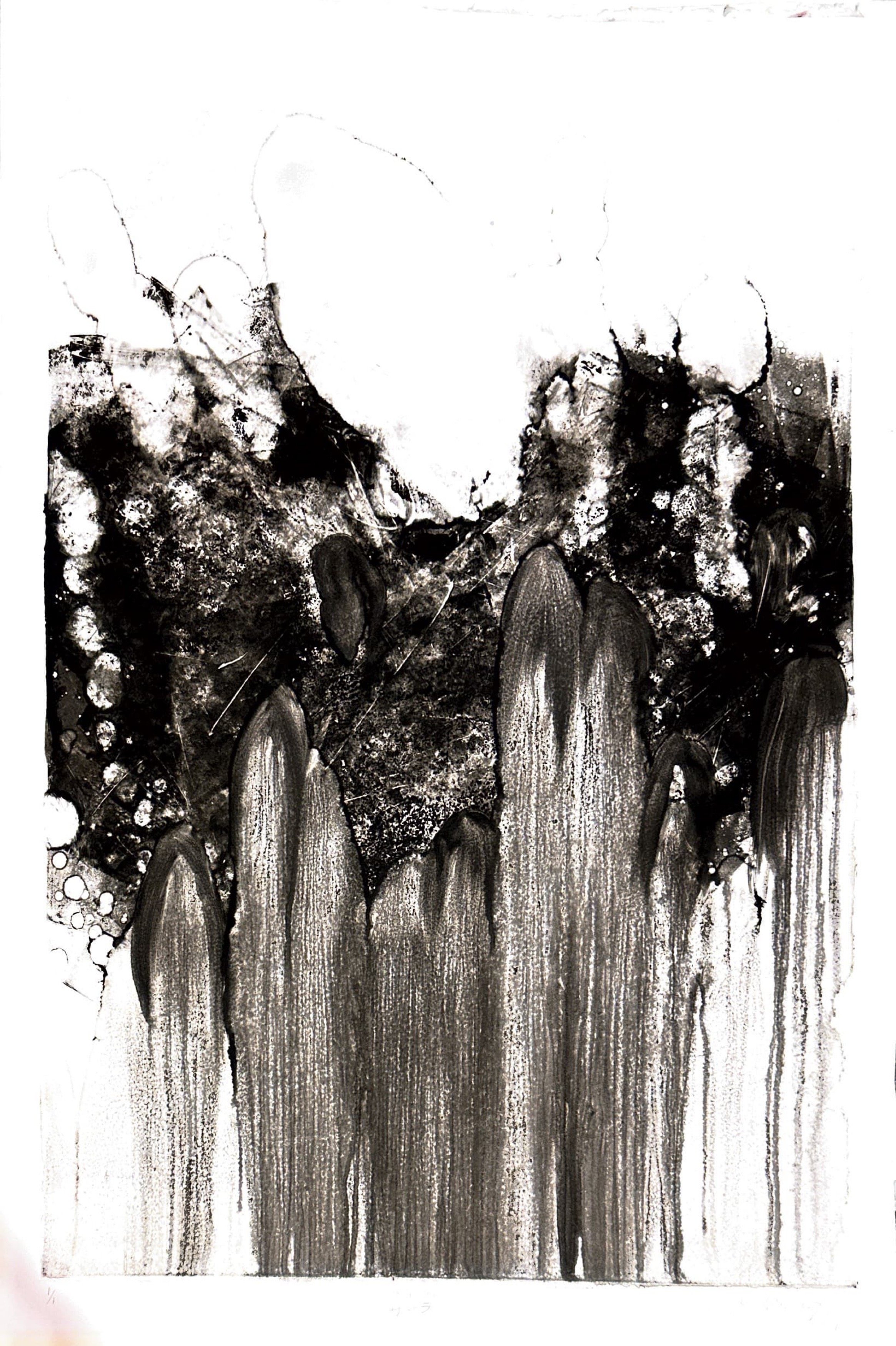 Abstract black and white painting with vertical streaks and textured areas.