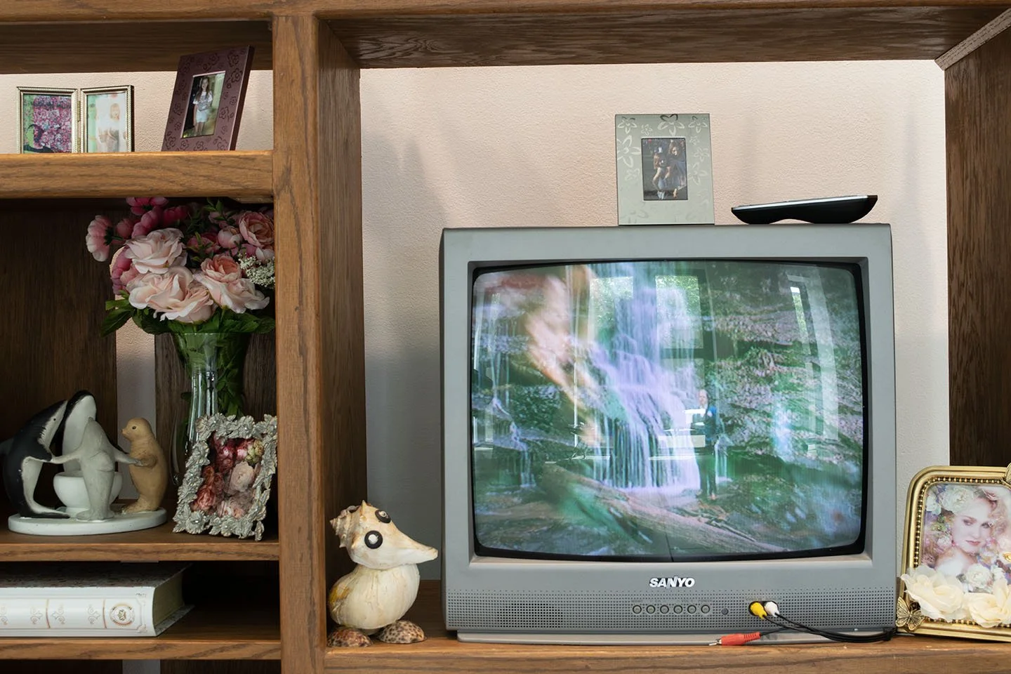 Living room corner with a vintage Sanyo TV, a flower-themed picture frame, a shell ornament, a framed portrait of a woman, and a shelf with picture frames and a vase of pink flowers.