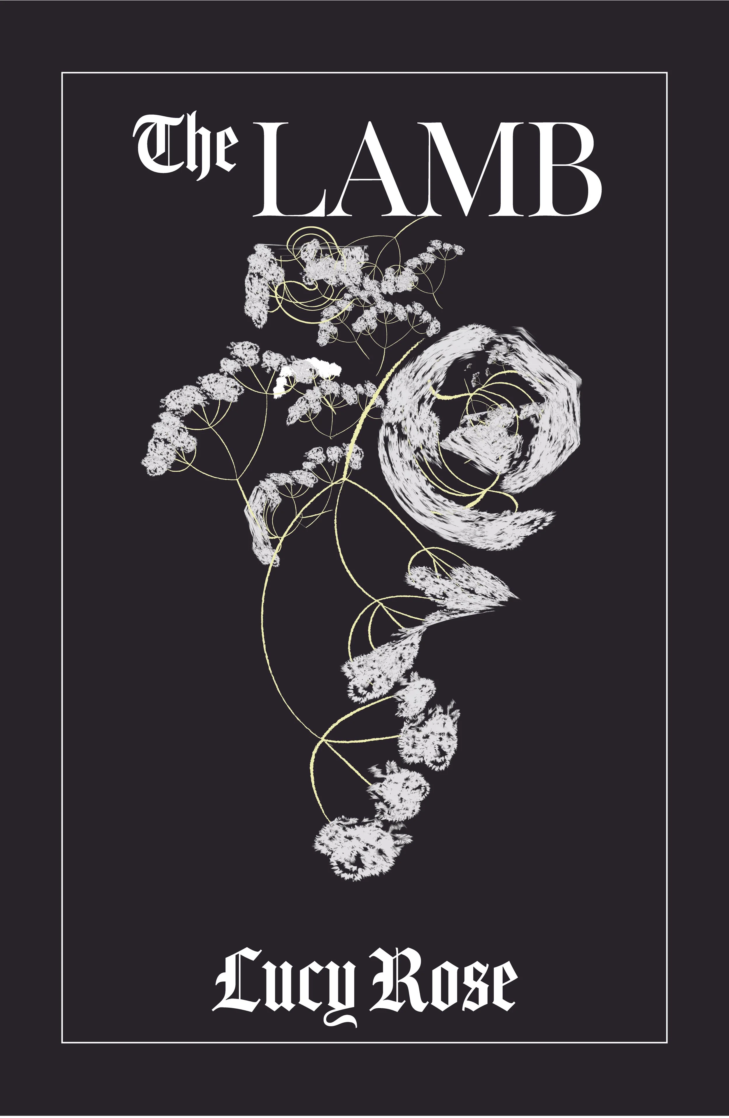 Black book cover with a white floral illustration and text reading 'The LAMB' at the top and 'Lung Rose' at the bottom in white Gothic font.