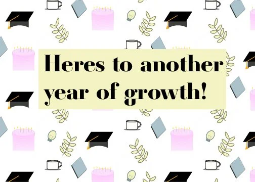 Celebratory school-themed background with cakes, graduation caps, books, coffee mugs, and leaves, featuring the message 'Heres to another year of growth!'