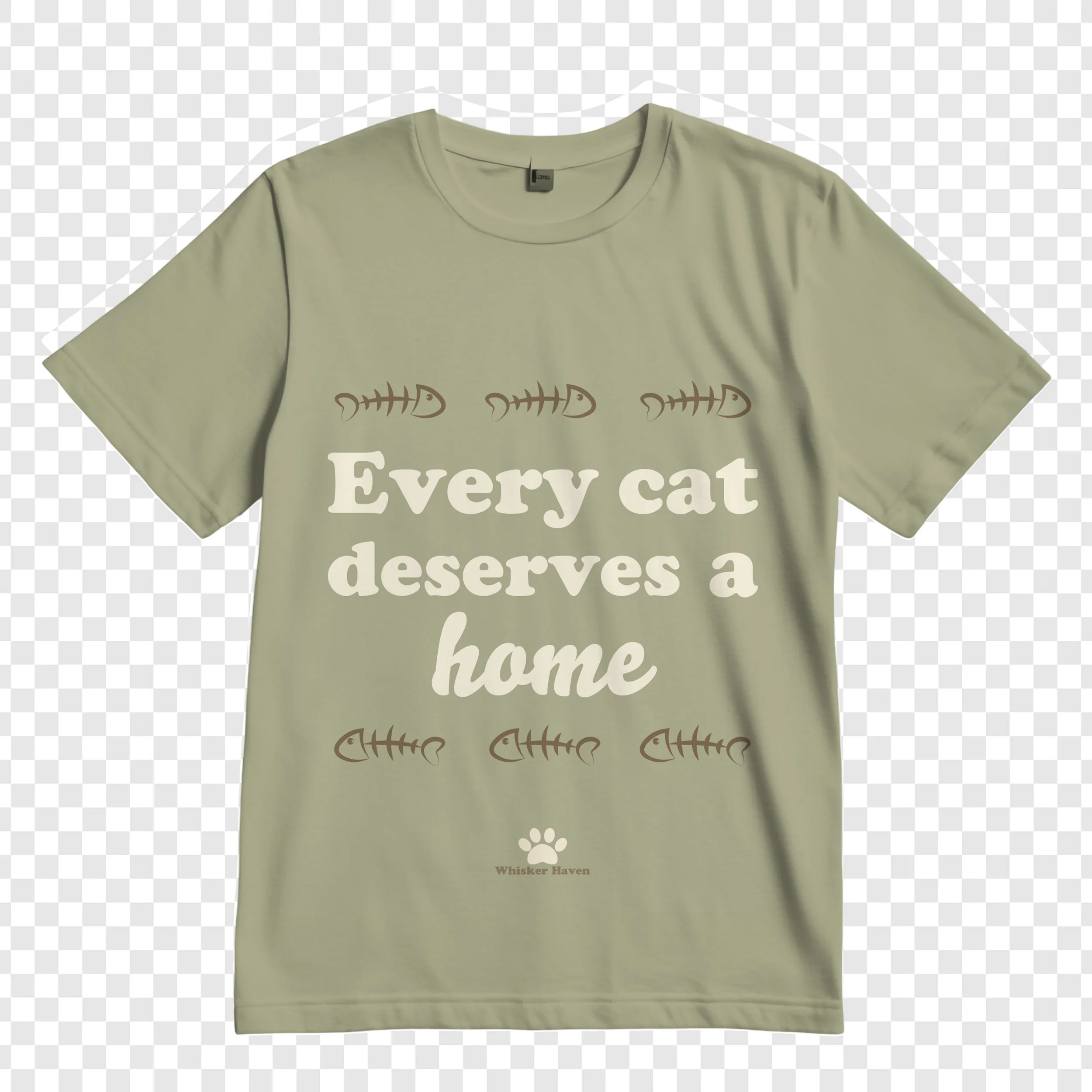 A beige T-shirt with the phrase "Every cat deserves a home" printed on it, decorated with fishbone illustrations and a small paw print logo at the bottom.