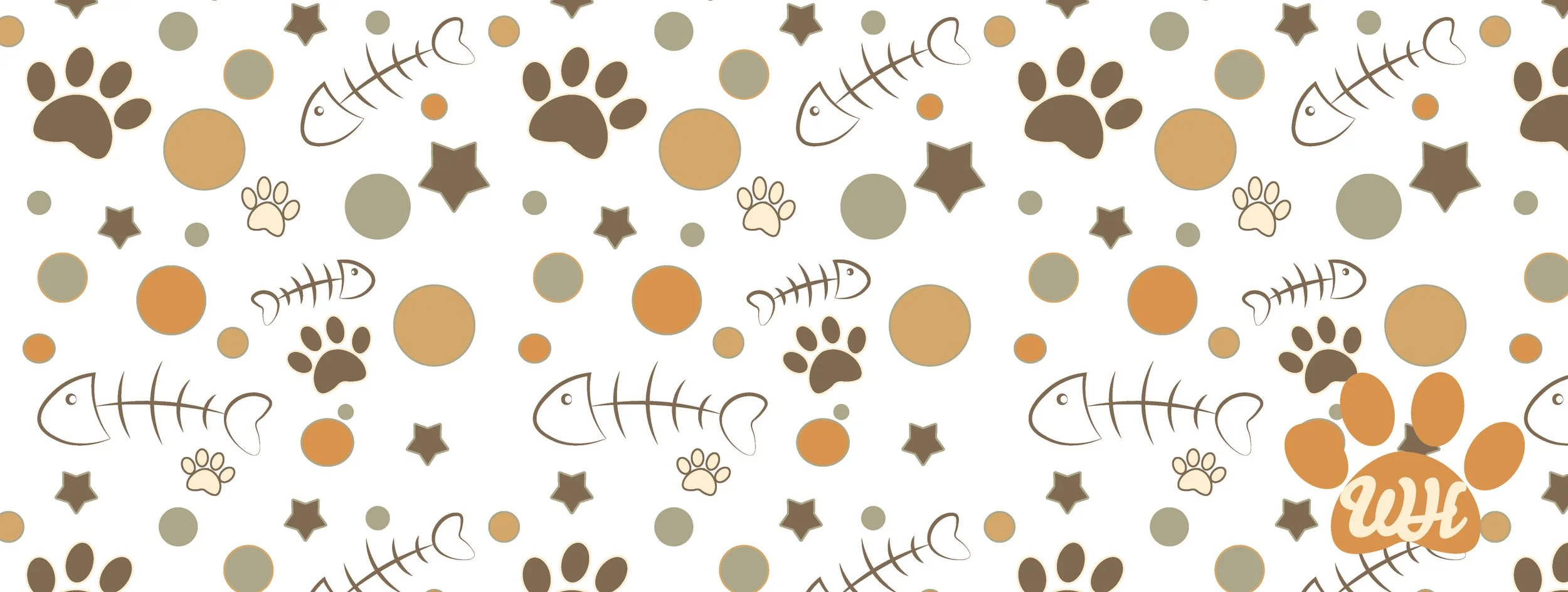 Pattern with bones, paw prints, fish skeletons, and circles in shades of brown, beige, and gray with a paw print with 'WOW' inside at the bottom right corner.