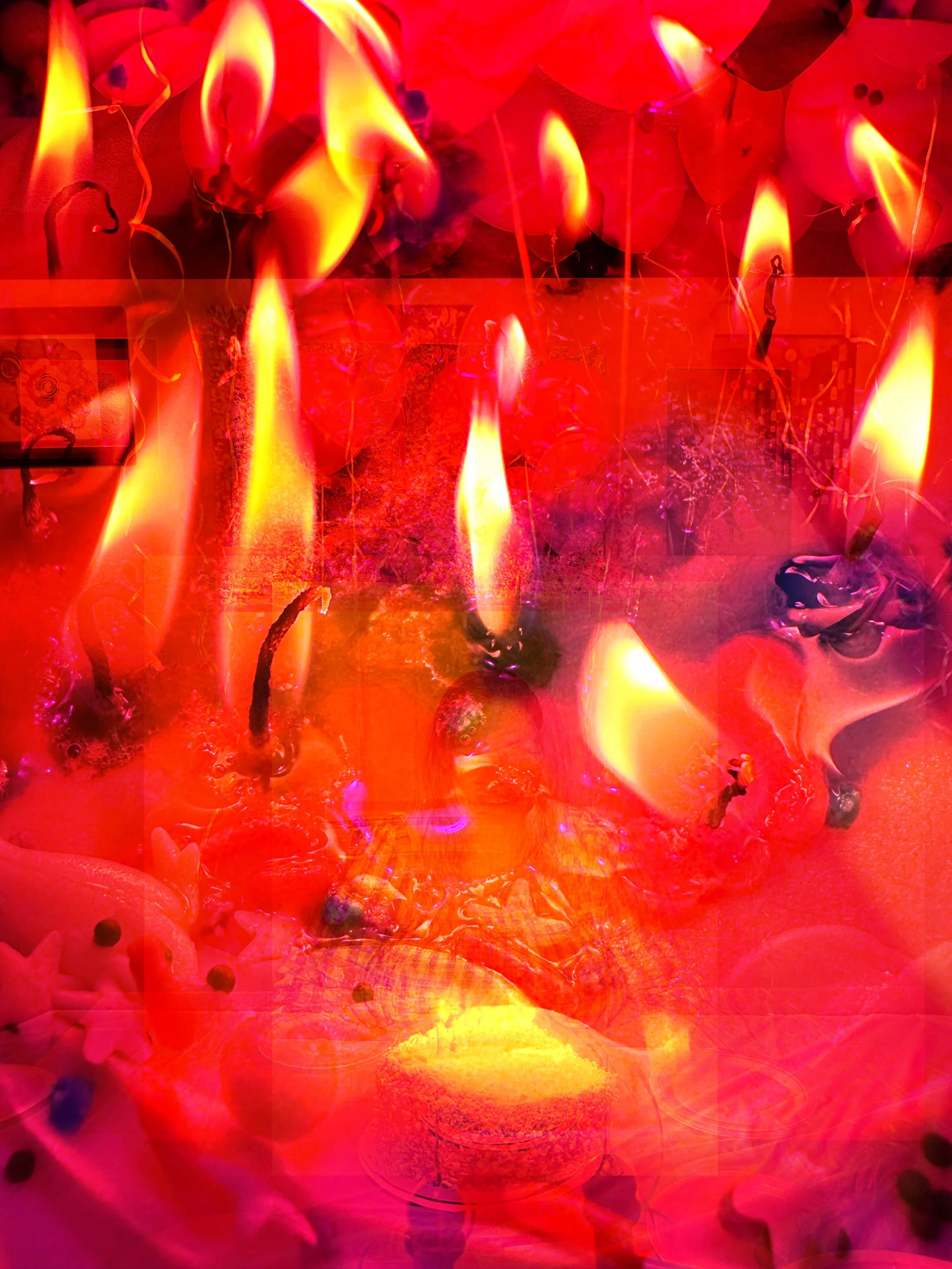 Abstract image with bright flames and a collage of various objects blended together with red, yellow, and orange colors.